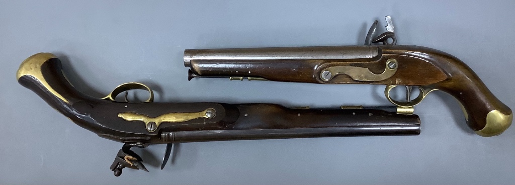 Two inert reproduction light dragoon and heavy dragoon pistols, longest 48cm